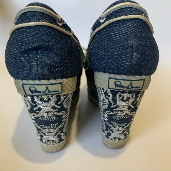 Philip Simon Blue Denim Embroidered Platforms with White Tie Bow - Picture 6 of 11